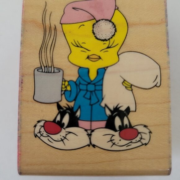 1996 Rubber Stampede Rubber Stamp Bedtime Tweety Bird Wearing Sylvester Slippers - Picture 3 of 11